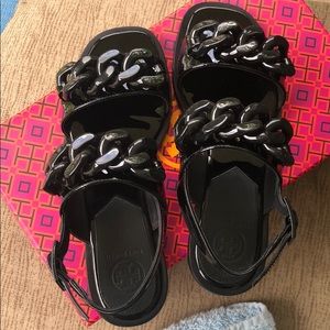Tory Burch resin link patent leather sandals